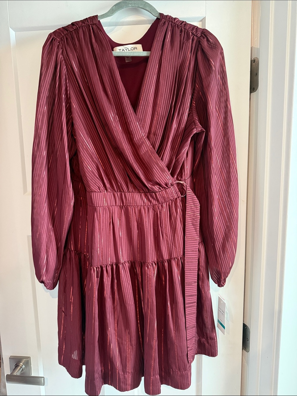 Taylor Metallic Stripe Wrap Dress in Deep Berry